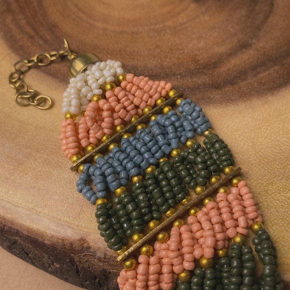 Boho Earth Tone Glass Seed Bead Wide Striped Coral Green Gold Beaded Bracelet - Picture 6 of 11